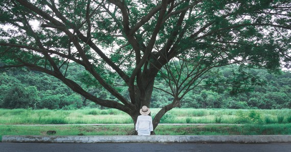 woman in hat looking at tree